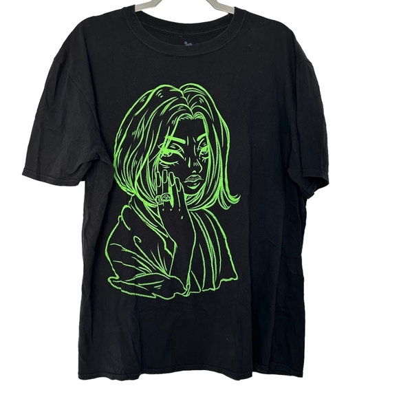 Billie Eilish Green Anime Sketch Boxy Black Music Tour T-Shirt 2021 Size L D548 - Picture 1 of 7